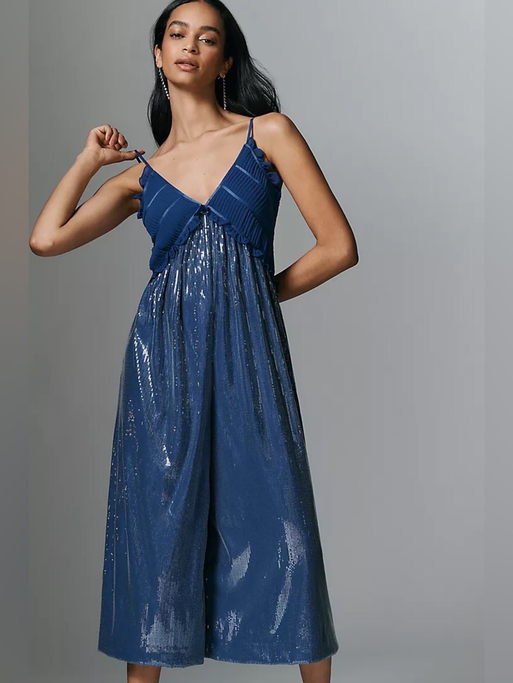 Anthropologie Maeve Blue Sequin Pleated Ruffle Jumpsuit, Size S NWT